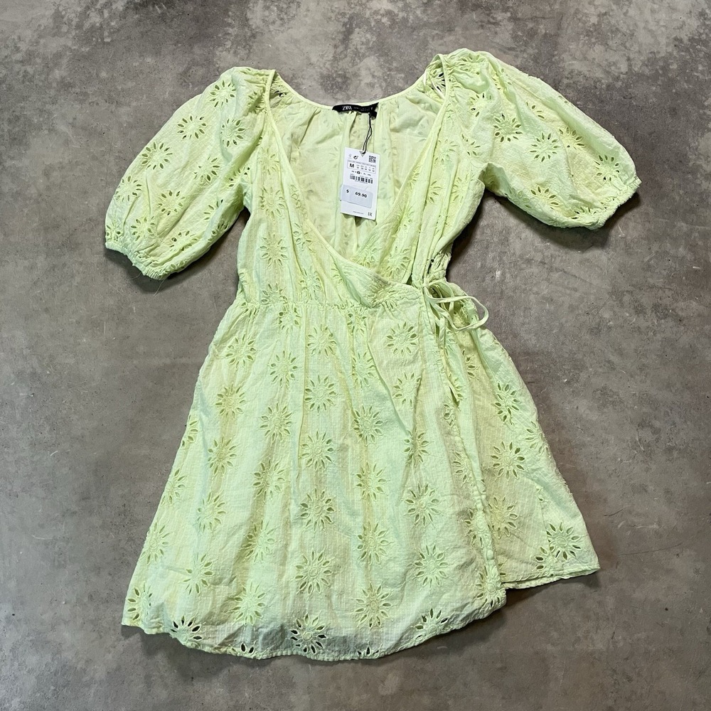 Zara Wrap Dress Womens Medium Openwork Embroidery Bright Light Green Mini
